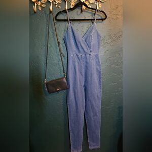 Light Blue Denim Jumpsuit with Spaghetti Straps